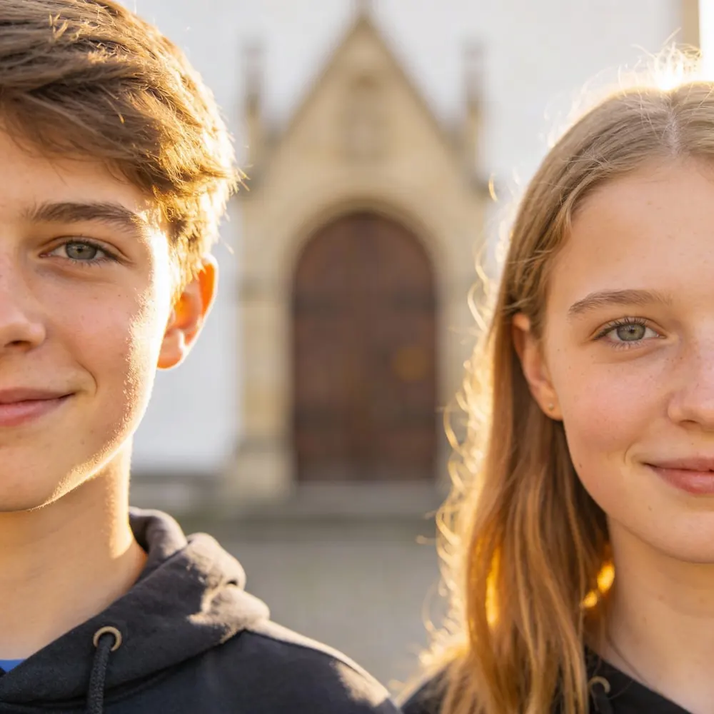 Mädchen und Junge vor einer Kirche